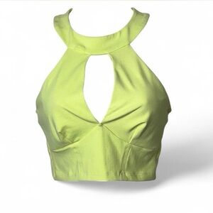 Y2K Bebe Neon Lime Yellow Green Split Cut Out Plunge Halter Power Knit Crop Top